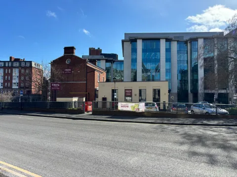 Costa Coffee is directly opposite the hotel car park entrance.