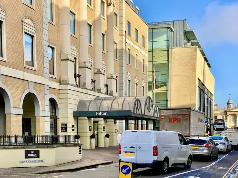 The front of this hotel can become busy with traffic blocking entry and exit to the valet parking area.