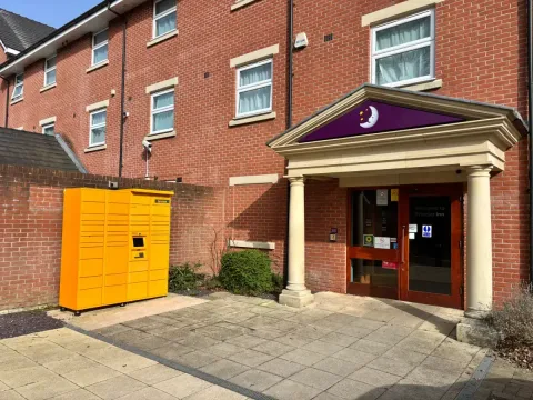 Premier Inn Birmingham Central on Hagley Road hotel exterior entrance and Amazon locker