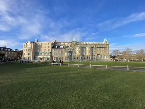 View of Parkers Piece and the university Arms hotel from outside the Gonville and across the road.