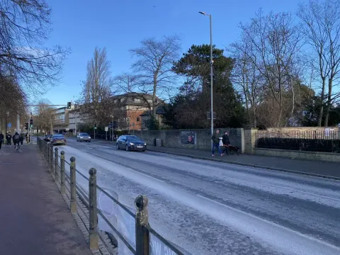 Looking towards the Queen Ann car park of the road outside the Gonville. This road can become very busy.