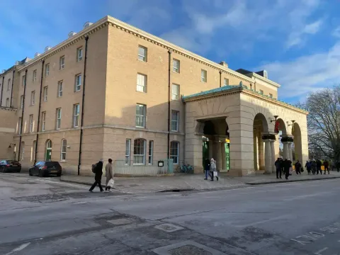 The front of the University Arms viewed from the opposite side of the street showing the ‘concierge’ area at the front. 